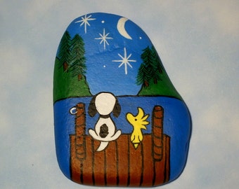 Snoopy Woodstock-contemplate Montana-hand painted rocks-gifts for naturalist-ooak art-collectible paperweights-home office decoration-glows