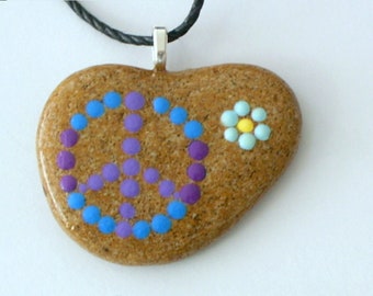 Painted heart rock-pendant necklace-Peace sign symbol-aboriginal 3D dot art-Zen-ship FREE-purple ombre-daisy glows-boho hippie-FREE gift box