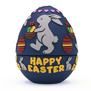 Peut inclure: Un œuf de Pâques bleu avec un lapin tenant un panier d'œufs et le texte "Joyeuses Pâques" en bas.