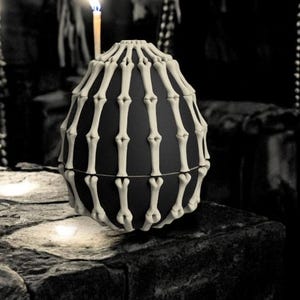 May include: A black egg-shaped container with a white bone-like cage design. The container sits on a stone surface, lit by two candles. The background is dark, with hanging decorations.