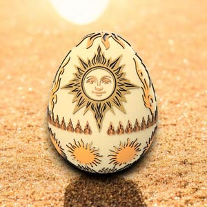 以下が含まれることがあります： 太陽のデザインが施された卵型の装飾品。卵はクリーム色で、中央に詳細な太陽の顔と光線があり、炎のような模様で囲まれています。卵は砂の表面に置かれています。