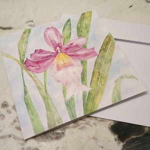 Cartão de felicitações em branco com orquídea aquarela Burrageara Francine Roseglow