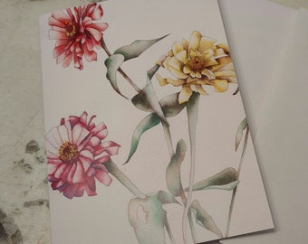 Blanco wenskaart met aquarel Zinnia Flower