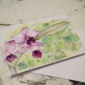 Cartão de felicitações em branco com orquídea aquarela Cattlianthe Molly Tyler