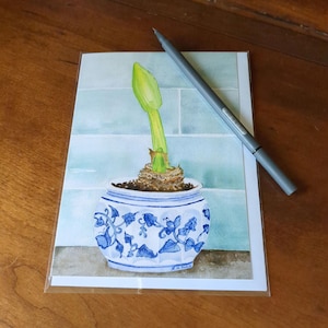 Cartão de felicitações em branco aquarela Amaryllis Bud Natal
