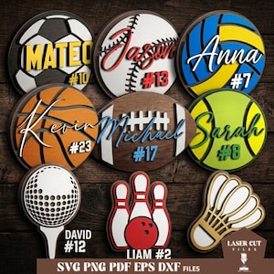 May include: A collection of personalized sports-themed wooden signs. Designs include a soccer ball, baseball, volleyball, basketball, football, tennis ball, golf ball, bowling pins, and a badminton shuttlecock. Each sign features a name and number.