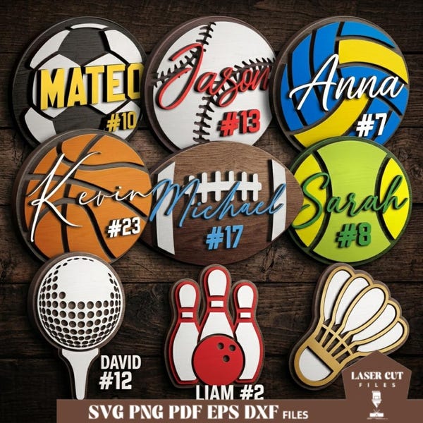 Balones deportivos SVG para corte láser, letreros para colgar en la puerta SVG, letreros personalizados con nombre SVG, arte mural de fútbol, decoración para habitación de niño, decoración infantil deportiva para corte láser