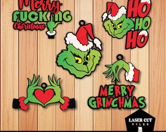 Grinch Face Ornament Laser Cut, Wood Christmas, Funny Merry Grinchmas Ornament SVG, Holiday Grinch Ornament Intricate Laser Cut Design SVG.