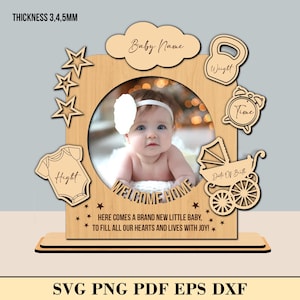 Baby geboorte fotolijstje SVG, baby fotolijstje lasergesneden bestanden, kind Metrica, babyaankondiging SVG nieuwe baby cadeau Lasercut digitale download
