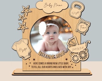 Moldura para fotos de nascimento de bebê SVG, arquivos de corte a laser para molduras de fotos de bebê, métrica infantil, anúncio de bebê SVG, presente para novo bebê, corte a laser, download digital