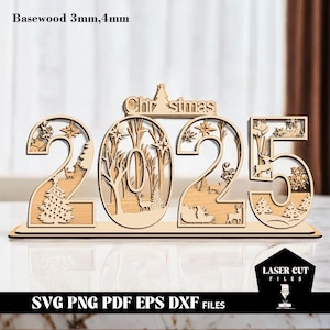 Décoration de Noël 3D numéro 2025 avec scène enneigée du Nouvel An, découpe laser multicouche, téléchargement numérique, scène festive de découpe en bois.