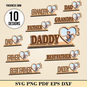 Vatertag Fotorahmen Lasercut, Papa Fotorahmen Laser geschnitten SVG Bundle, 3D Papa Herz Bilderrahmen SVG Design, Best Dad Laser Cut Files