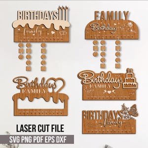 Paquete de letreros de cumpleaños familiares en 3D, calendario de cumpleaños familiar colgante SVG, decoración del hogar cortada con láser, celebraciones familiares cortadas con láser, tablero de pared SVG