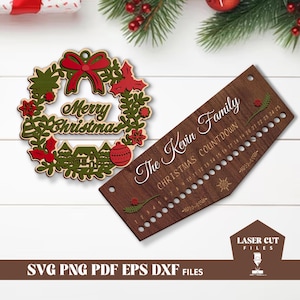 Ghirlanda di Natale SVG, conto alla rovescia di Natale SVG, file tagliato al laser per Glowforge, appendino per porta di Natale, cartello di benvenuto SVG, ornamenti natalizi