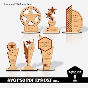 6 diversi design di trofei premio tagliati al laser, file di taglio laser Glowforge, file SVG per premi in legno, taglio laser in legno, download digitale