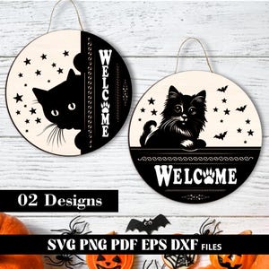 Schwarze Katze Türschild Laser geschnitten, Willkommensschild SVG, Laser geschnitten Dateien Digitaler Download, Katze SVG, Kätzchen SVG, Katzentürschild, Glowforge Dateien.