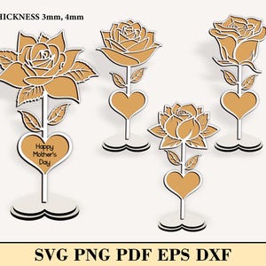 Staande roos SVG, drielaagse roos en hart met standaard lasergesneden bestanden svg, Moederdag personaliseerbare 3D houten roos, moederroos lasergesneden