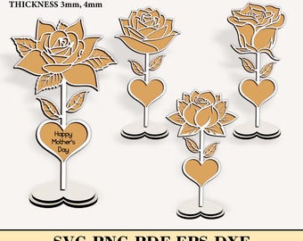 Standing Rose SVG, Three Layered Rose & Heart With Stand Laser Cut files svg, Mothers Day Personalizable 3D Wooden Rose, Mum Rose Laser Cut