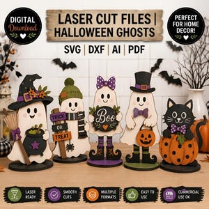 May include: A set of five laser-cut wooden Halloween figures including four ghosts and one black cat. The ghosts feature accessories like a witch hat, a broom, a cauldron, a scarf, a sign reading Trick or Treat, a bow, and a pumpkin bucket.