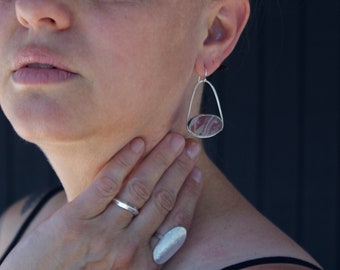 Sterling Silver & Rhodochrosite pink Triangle Dangle Stone earrings