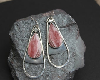 Sterling Silver & Rhodochrosite pink Teardrop Dangle Stone earrings