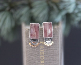 Sterling Silver, 14kt Gold dot & Rhodochrosite pink Stud Earrings
