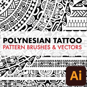 Op de afbeelding: Zwart-witte polynesische tattoo-patroonpenseel en -vectoren. De afbeelding toont een verscheidenheid aan ingewikkelde ontwerpen, waaronder spiralen, geometrische vormen en traditionele motieven. De tekst "POLYNESIAN TATTOO PATTERN BRUSHES & VECTORS" wordt weergegeven in vetgedrukte, zwarte letters. Het Adobe Illustrator-logo is ook zichtbaar in de rechterbenedenhoek.