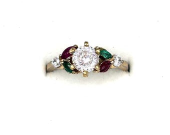 Natural Ruby Emerald Engagement Ring | Gold Plated Sterling Silver Floral Design
