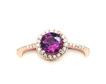 Rhodolite Garnet Halo Ring Rose Gold Plated Sterling Silver Moissanite Engagement Promise