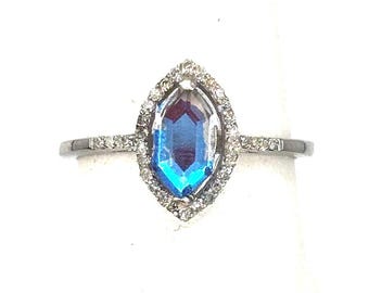 Marquise Blue Topaz Halo Ring | Sterling Silver Ocean Bridal Jewelry