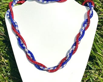 Red White Blue Crystal Twist Necklace Bracelet Set, Patriotic USA Jewelry