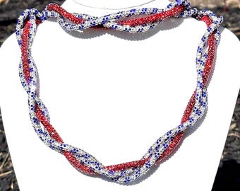 Red White Blue Striped Twisted Crystal Necklace Bracelet Set, Patriotic Statement Jewelry