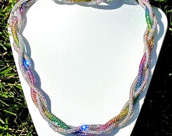 Iridescent Crystal Twist Necklace & bracelet set, Rainbow Pride Statement Jewelry