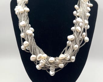 Glossy Fresh Water Cultured Pearls with Silver beading -Multi Strand