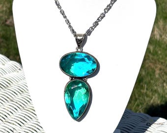 Ombre Blue Green Tourmaline Oval Pear Pendant, Sterling Silver Necklace