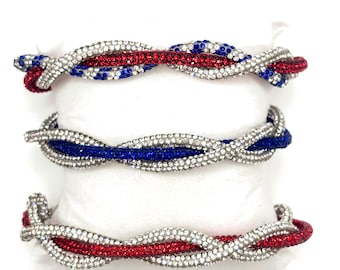 Red White Blue Crystal Sparkle Bracelets, Twisted Patriotic Stackable Jewelry