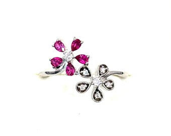 Ruby Red Double Flower Bypass Ring, Sterling Silver, CZ Accents, Floral Design