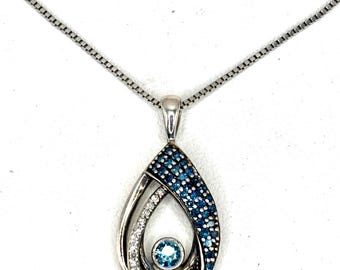 Blue & white Natural Pave Diamond Teardrop pendant Necklace set in Sterling Silver
