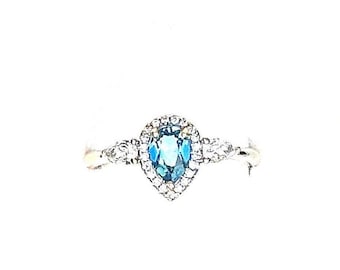 Customized Pear Halo Ring: Alexandrite or Blue Topaz Sterling Silver Engagement Promise Ring