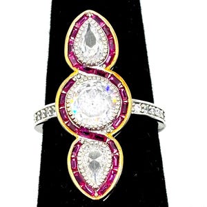 Two-Tone White Zircon & Lab-Grown Ruby Art Deco Ring - Size 7