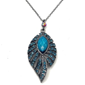 Handmade Turquoise Feather Pendant Necklace: Blue Crystals, Ruby Accent