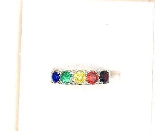 5-Stone Sterling Silver Rainbow Sapphire Ring | Pride Stackable Band, Size 8.50