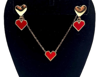 Gold Plated Heart Jewelry Set, Red Enamel Necklace Earrings, Stainless Steel Timeless Love