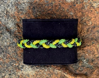 Jamaica Flag Crystal Braided Bracelet | Black Green Gold Beaded Jewelry