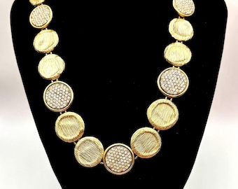 Rich Gold brushed & White Crystal Round Statement Necklace - Magnetic Clasp