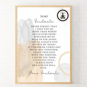 Soulmate gedicht vrouw print echtgenoot digitale verjaardag download bruidegom muur kunst bruid decor geliefde artwork vergeet nooit ik hou van je afdrukbare