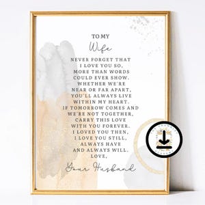 Vrouw afdrukken echtgenoot digitale verjaardag download bruidegom kunst aan de muur bruids decor geliefde artwork Never Forget I Love You afdrukbaar gedicht bruid