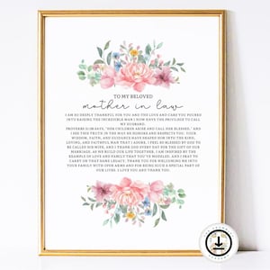 Impresión de novia Suegra Descarga digital de arte de pared para la madre del novio Proverbios 31:28 Decoración Obra de arte amada Poema de agradecimiento imprimible
