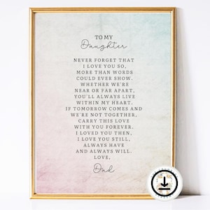 Impresión digital de papá, padre, hija, descarga, arte de pared para hijastra, carta sincera, poema emotivo, recuerdo sincero, colorido, imprimible, vintage