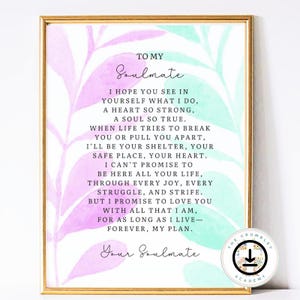 Soulmate gedicht vrouw print echtgenoot digitale verjaardag download bruidegom muur kunst bruid decor geliefde artwork vergeet nooit ik hou van je afdrukbare